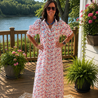Fate Red, Blue, & Cream Ruffled Collar Maxi Dress