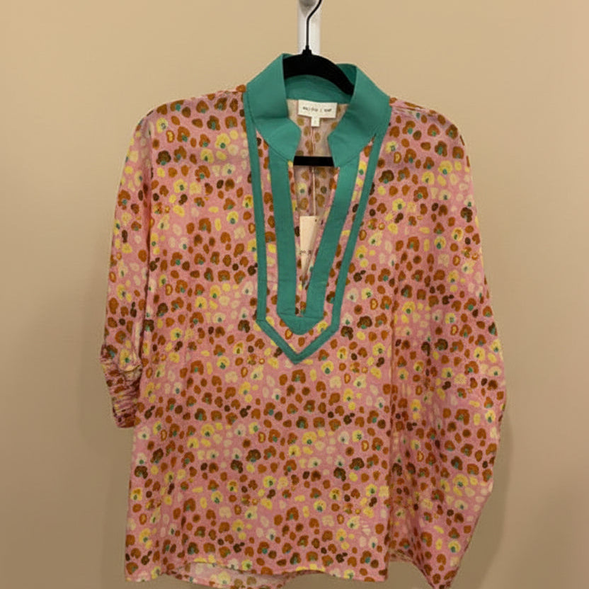 Entro Aqua, Pink, & Brown Bubble Sleeve Top