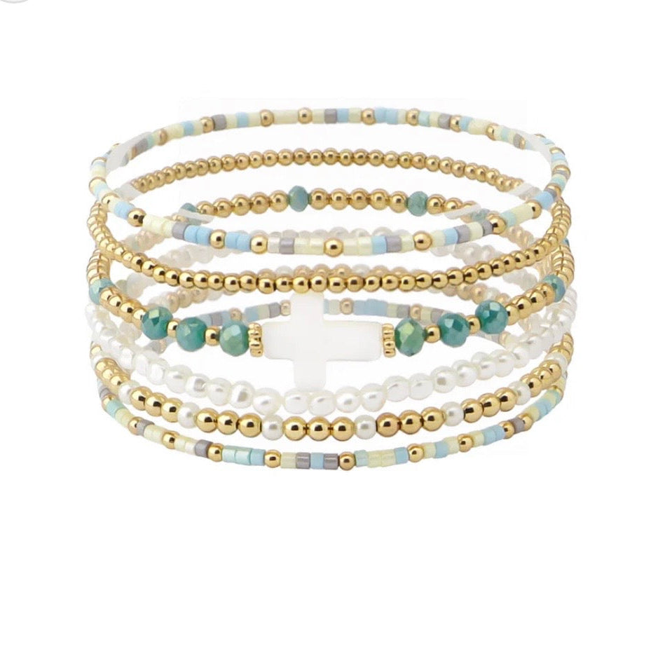 Gold/Pearl/Turquoise Cross Bracelet