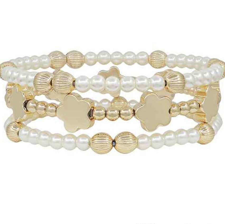 Gold/Pearl Flower &  Beaded Stackable Bracelets