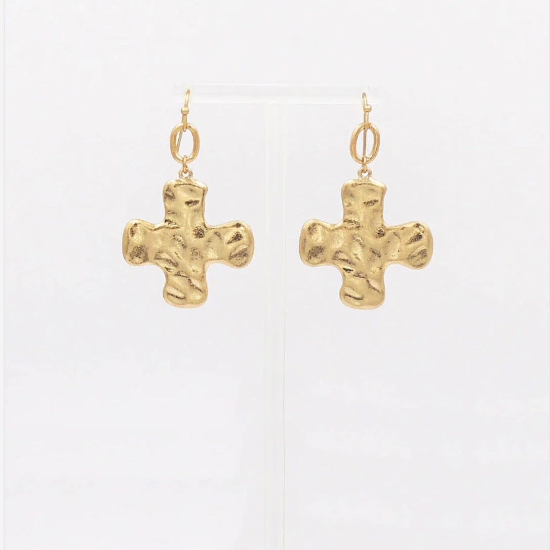 Gold Hammered Cross Earrings
