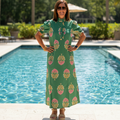TCEC Green & Pink Ruffled Collar Maxi Dress