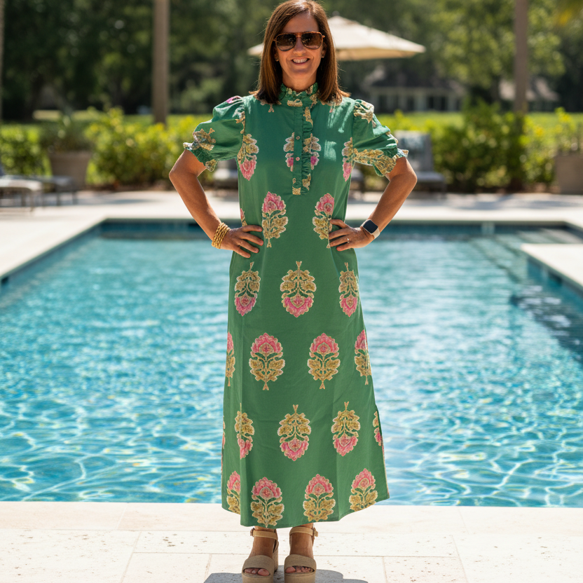 TCEC Green & Pink Ruffled Collar Maxi Dress