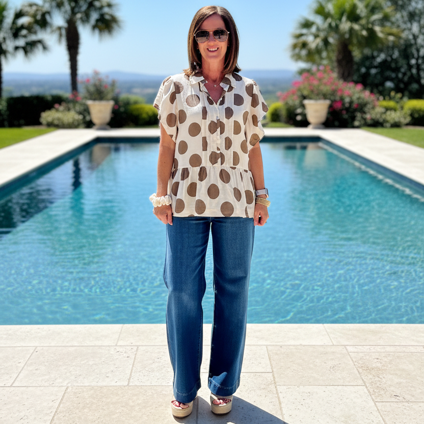 Easel Khaki Polka Dot Top