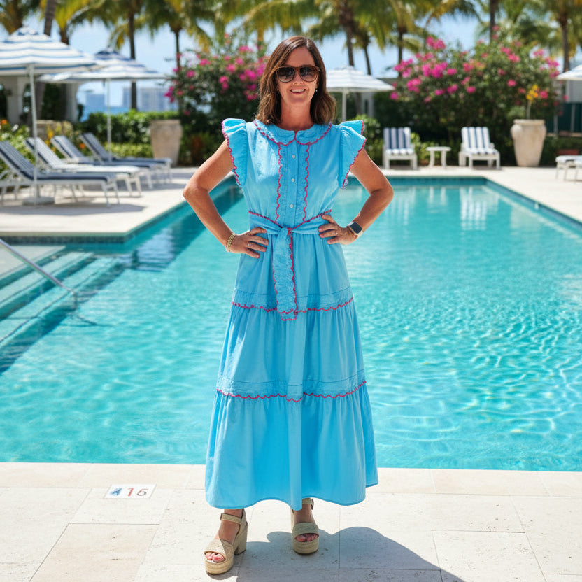 Entro Blue & Red Tiered Belted Dress