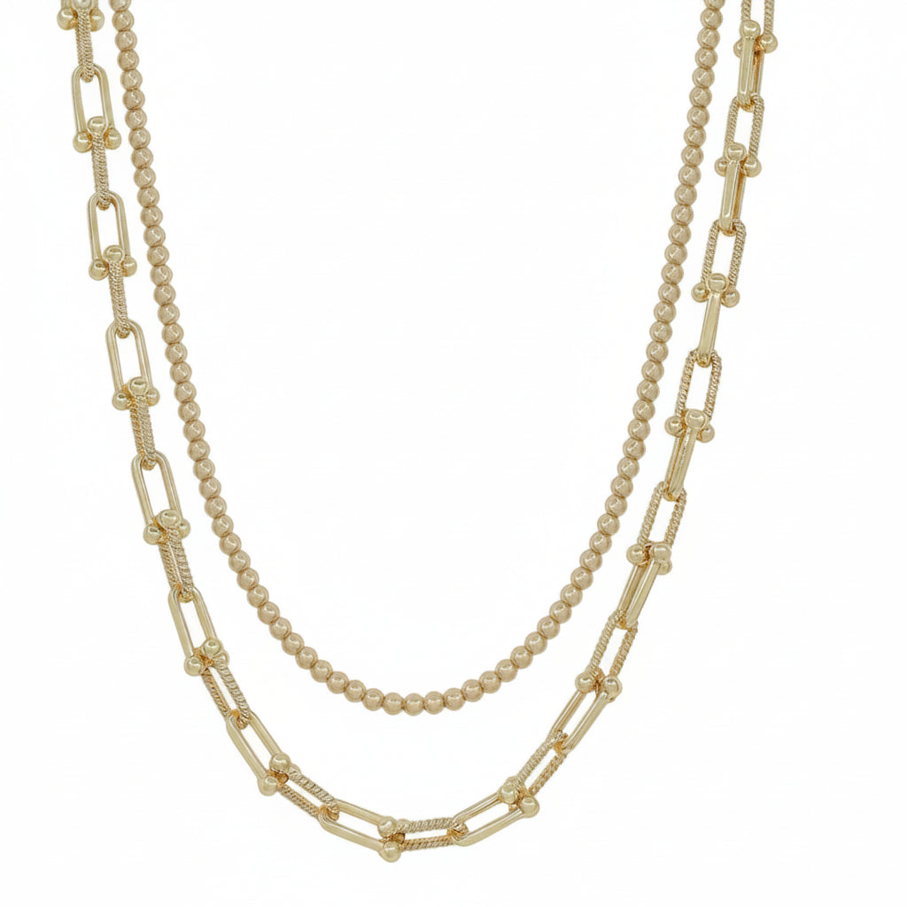 Gold Double Layered Bead & Chain Necklace