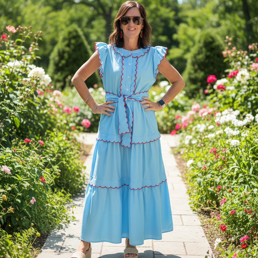 Entro Blue & Red Tiered Belted Dress