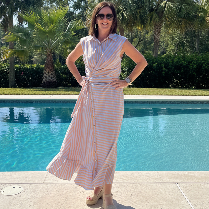 Entro Orange/Blue Wrap Gold Button Dress