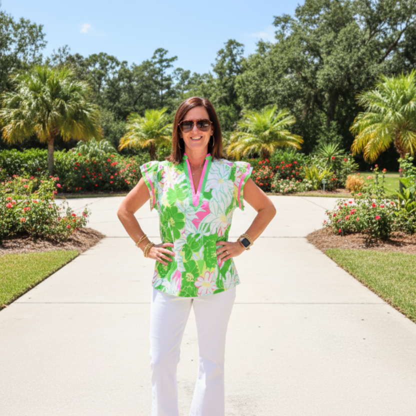 Umgee Pink & Green Floral V-Neck Top