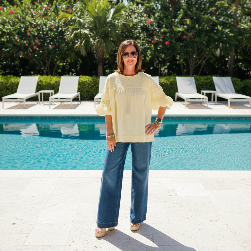 Easel Light Yellow Bubble Sleeve Top